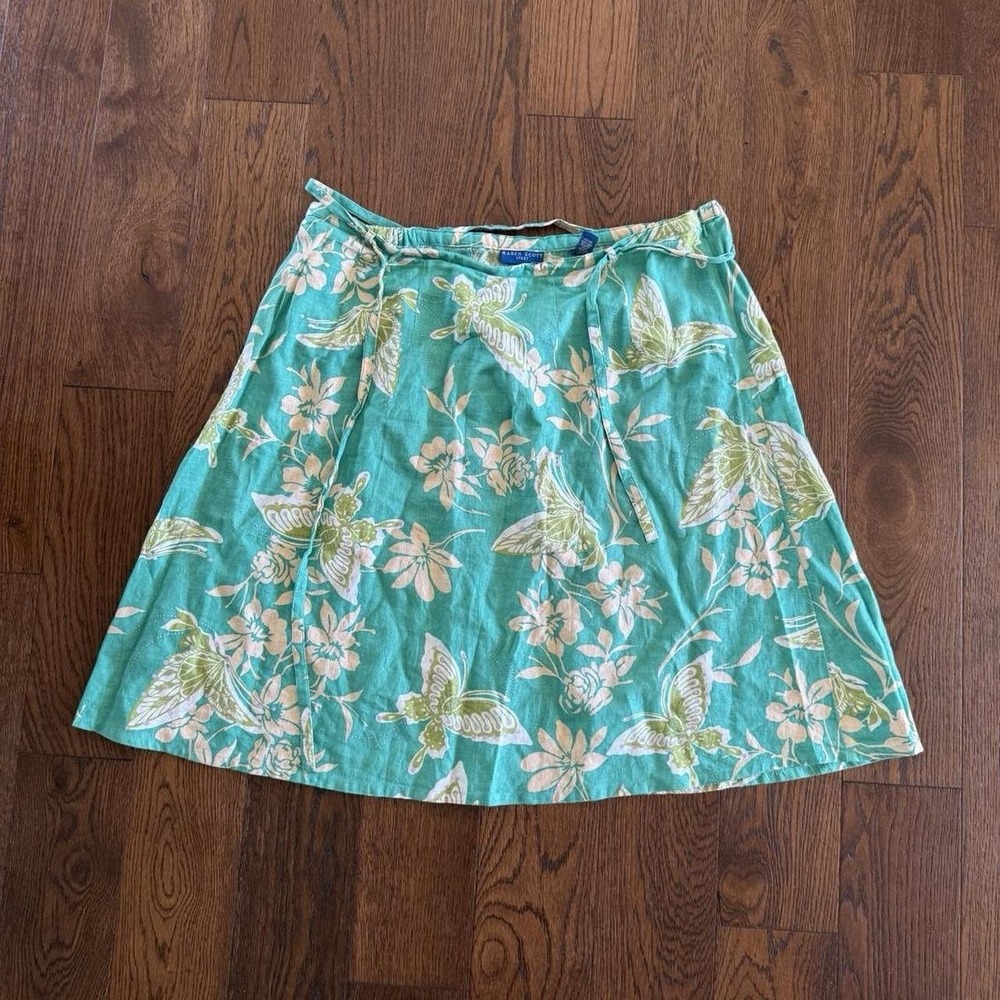 Karen Scott Sport Women's 22W Green Butterfly Floral Linen Blend Belted Skirt
